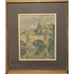 Vintage Signed Watercolor Painting Old Town Bridge Water Architectural Landscape